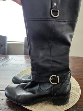 Classic Black Leather Boots with Gold-tone Buckles